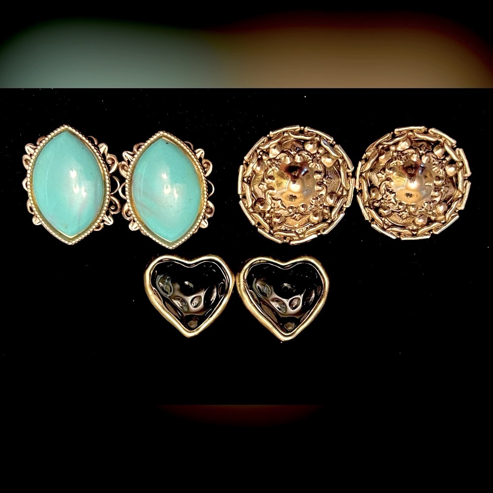 Vintage Lot of 3 Silver Tone Black Turquoise Clip-on Earrings